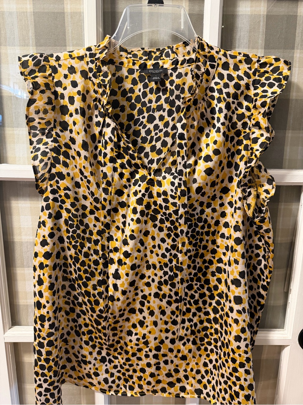 Ann Taylor Factory Yellow and Black Leopard Print Ruffle Cap-Sleeve Camisole